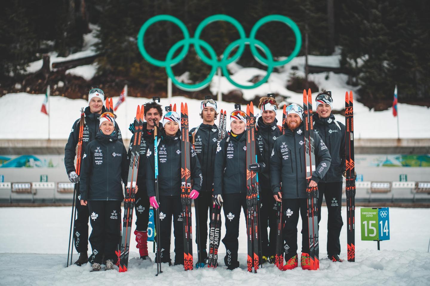 nordic skiers taking group photo in front of olympic rings